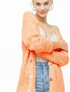 Forever 21 Apricot-colored, Chunky Ribbed Knit Longline Cardigan Sweater